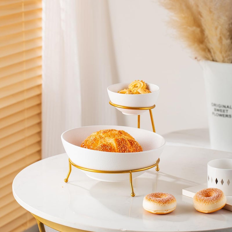 Shallow Chip and Dip Serving Set – 2 Tier Chip & Dip Bowls with Stand | White & Gold Elegant Snack Server | Stylish Tiered Serving Set for Chips, Nachos, Dips & Appetizers | Ideal for Parties, Home & Entertaining - Image 3